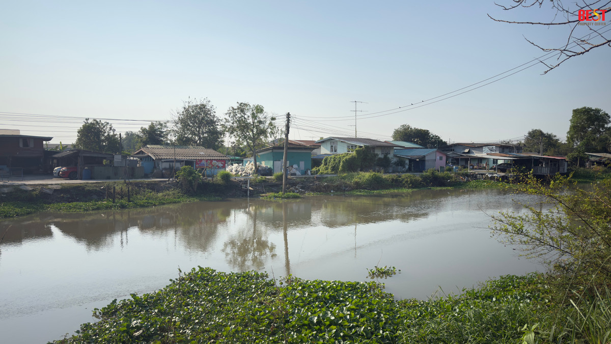 ขายที่ดินริมน้ำ เหมาะสร้างบ้าน หลังที่ดินติดคลอง บรรยากาศดี แนวบ้านสวน ใกล้กรุงเทพฯม มากๆ  